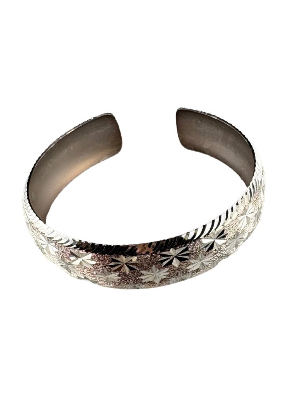 Solid 990 Fine Silver Diamond-Cut Starburst Open Cuff Bangle Bracelet 20.01g